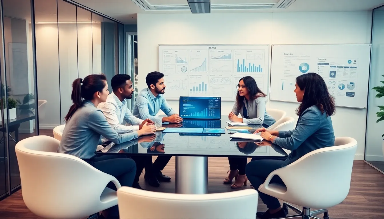 diverse professionals discussing technology in a modern office.